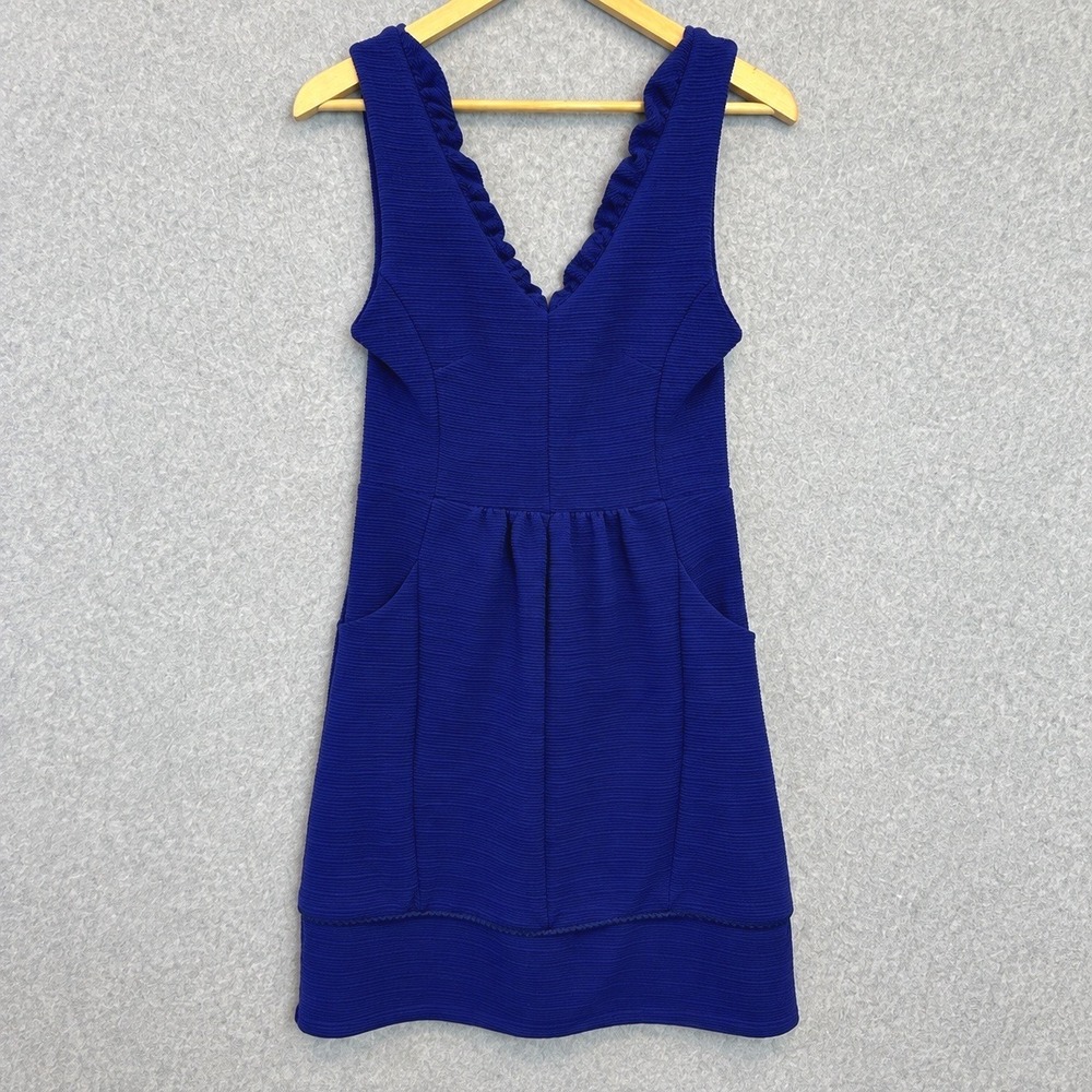 Maeve Fit and Flare Mini Dress Royal Blue Ruffle V-Neck Textured Anthro Medium